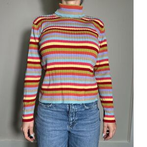 Vintage Talbots 100% Cotton Rainbow Striped Turtleneck Size Large